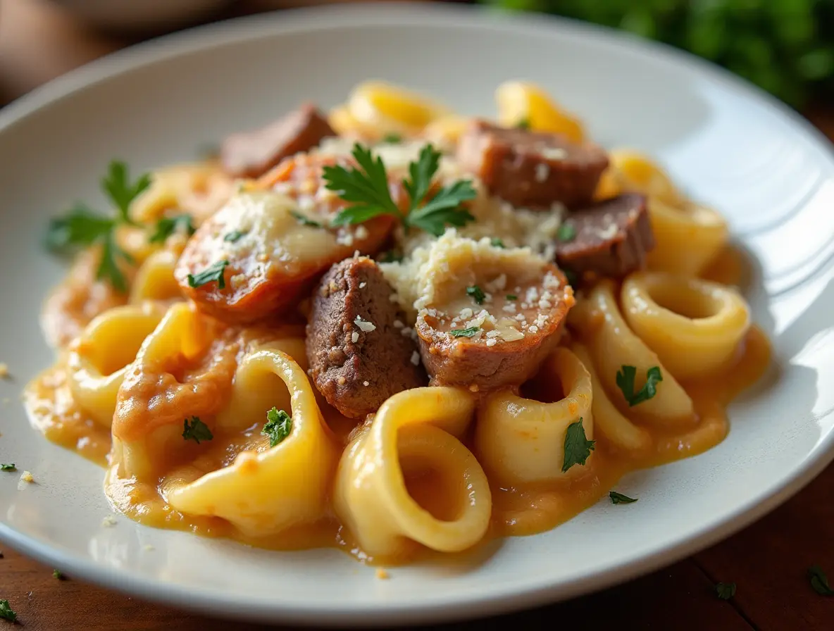 cheesesteak tortellini in rich provolone sauce​