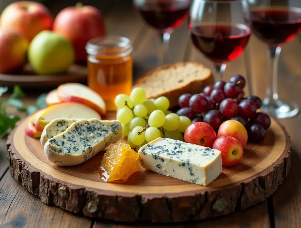 A wooden platter featuring blue cheese with visible blue veins, surrounded by fresh apples, grapes, and a piece of honeycomb. Sourdough bread and glasses of red wine are in the background.