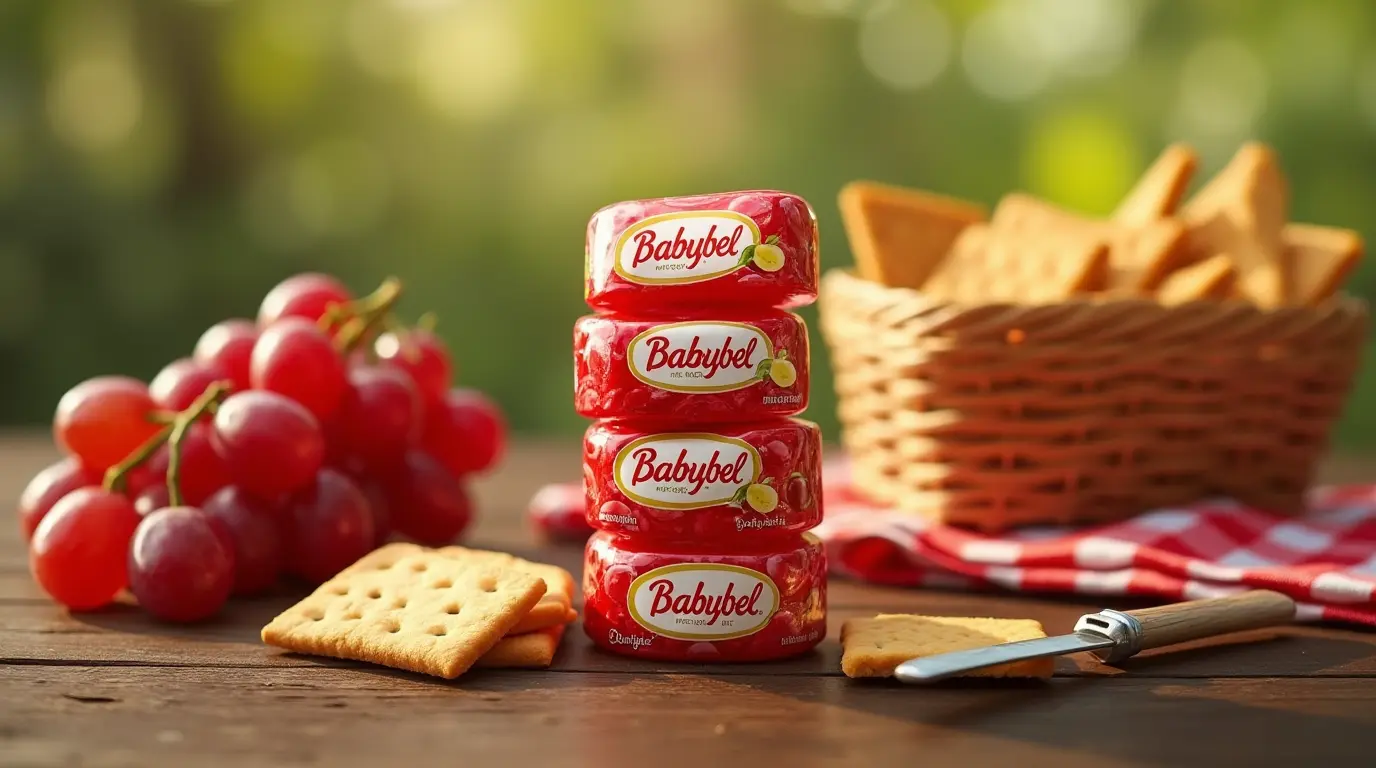 A stack of Mini Babybel cheese wheels with grapes, crackers, and a knife on a wooden table.