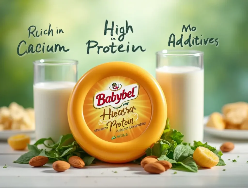 A Babybel cheese wheel is displayed on a table surrounded by fresh almonds, spinach leaves, and glasses of milk. The text around it highlights key benefits: "Rich in Calcium," "High in Protein," and "No Additives."