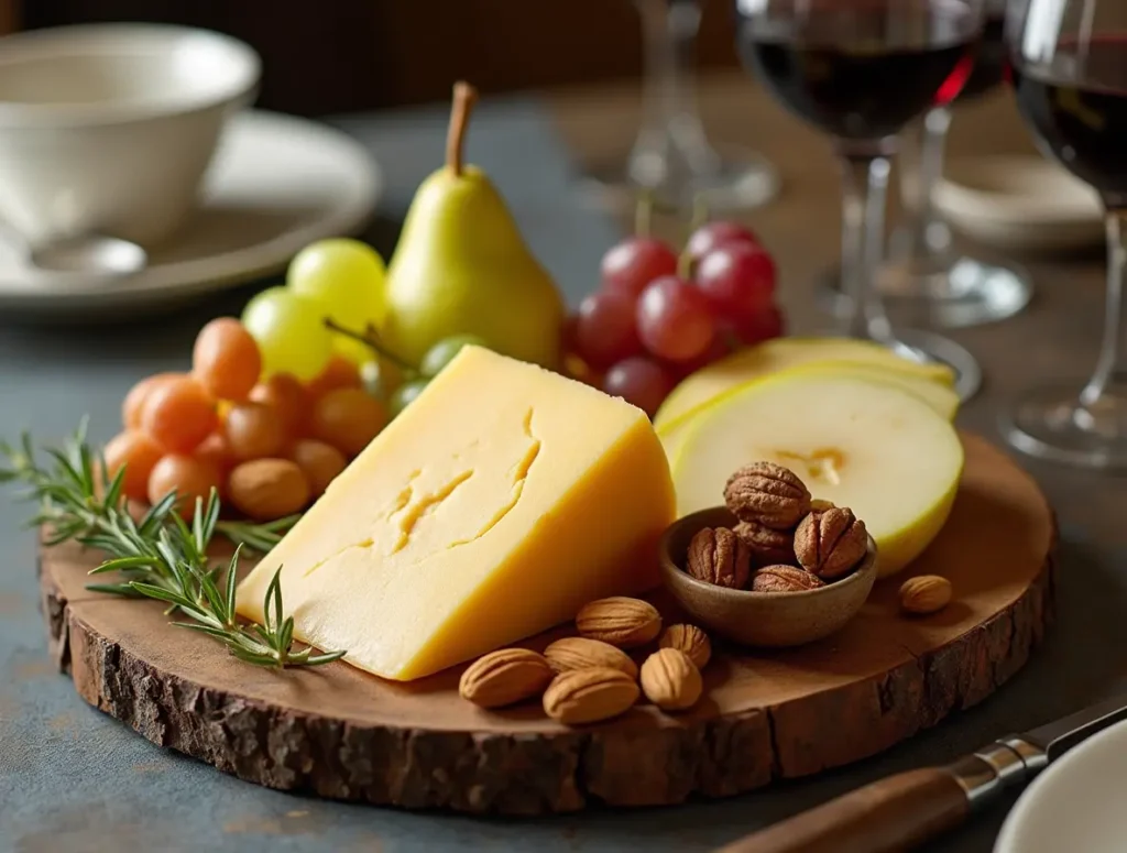 A wooden cheese board featuring a wedge of cheddar cheese, grapes, pear slices, walnuts, and sprigs of rosemary, accompanied by glasses of red wine.