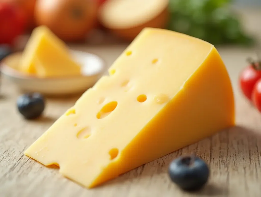 A wedge of Gouda cheese with characteristic holes, placed on a wooden surface, surrounded by fresh blueberries and cherry tomatoes.