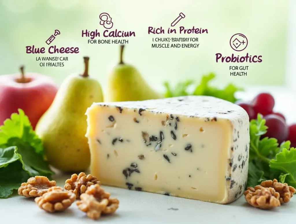  A wedge of blue cheese with visible blue mold veins surrounded by fresh fruits (apples, pears, grapes), leafy greens, and walnuts. Text highlights health benefits: "Blue Cheese," "High Calcium for Bone Health," "Rich in Protein for Muscle and Energy," and "Probiotics for Gut Health."