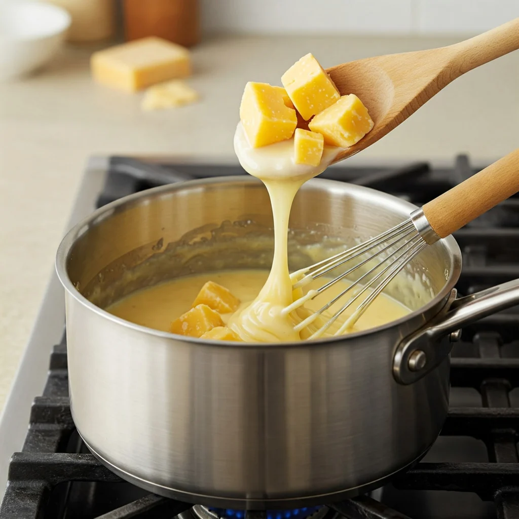 Melting Cabot Cheddar and Gruyère cheese into the sauce